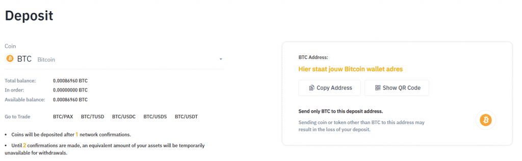 Binance uniek Bitcoin walletadres om te storten