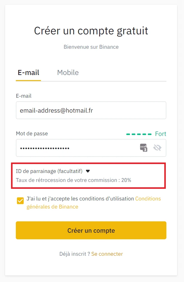 Utiliser le code ID de parrainage Binance