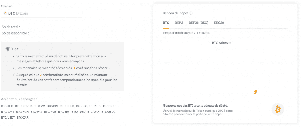 Adresse de dépôt Binance Bitcoin